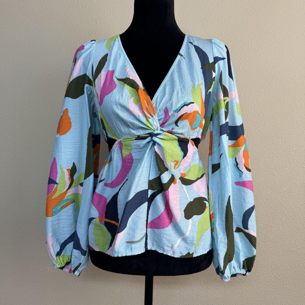 A New Day Blouse Womens XS Multicolor Floral Twist Front Balloon Sleeve Vibrant